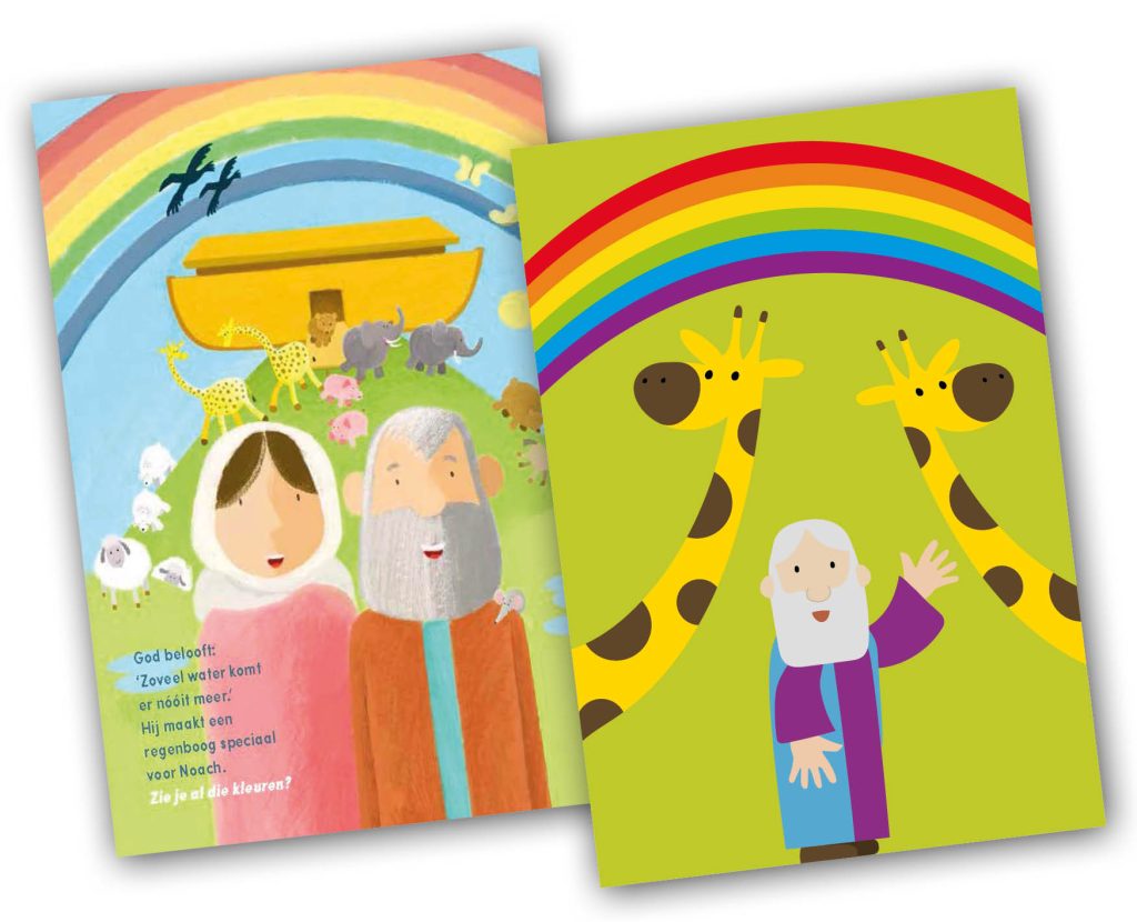 Linkerafbeelding: Noach en zijn vrouw en de dieren in de zwartschrifteditie. Rechterafbeelding: Noach, 2 giraffes en een regenboog, een versimpelde afbeelding die geschikt is om voelbaar te maken.