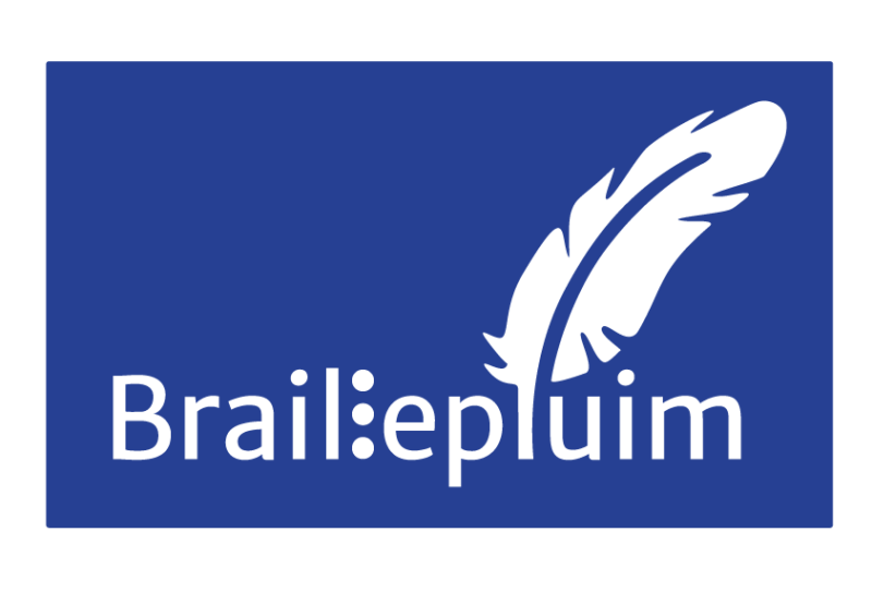 Tekst 'Braillepluim' waarbij uit de 'l' een veer steekt en de andere 'l' uit braillepunten bestaat.